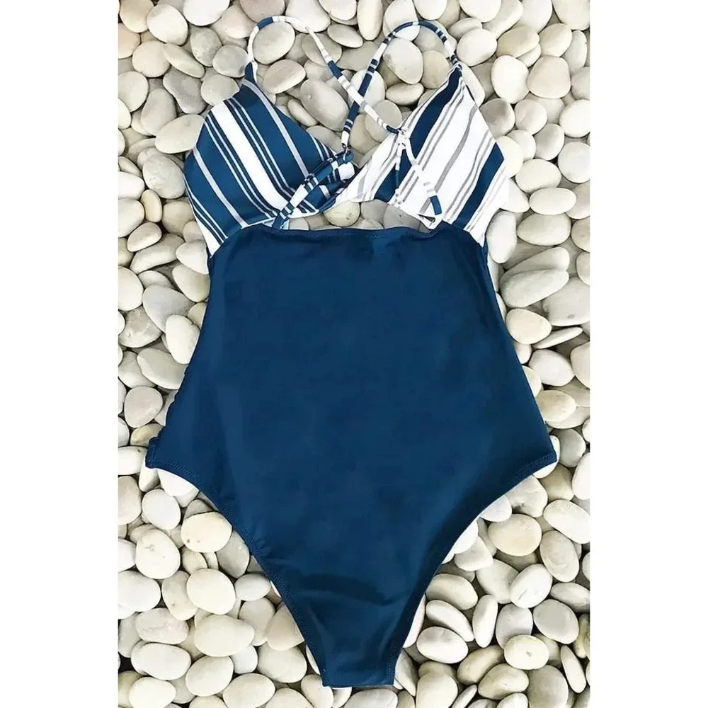 Cupshe Navy Blue Striped‎ Cutout One Piece Swimsuit Ruched Front Monokini Large